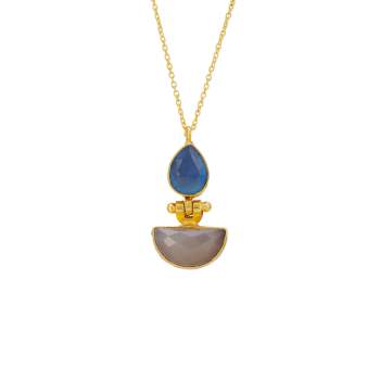 Necklace made from brass, goldplated, blue/white Onyx